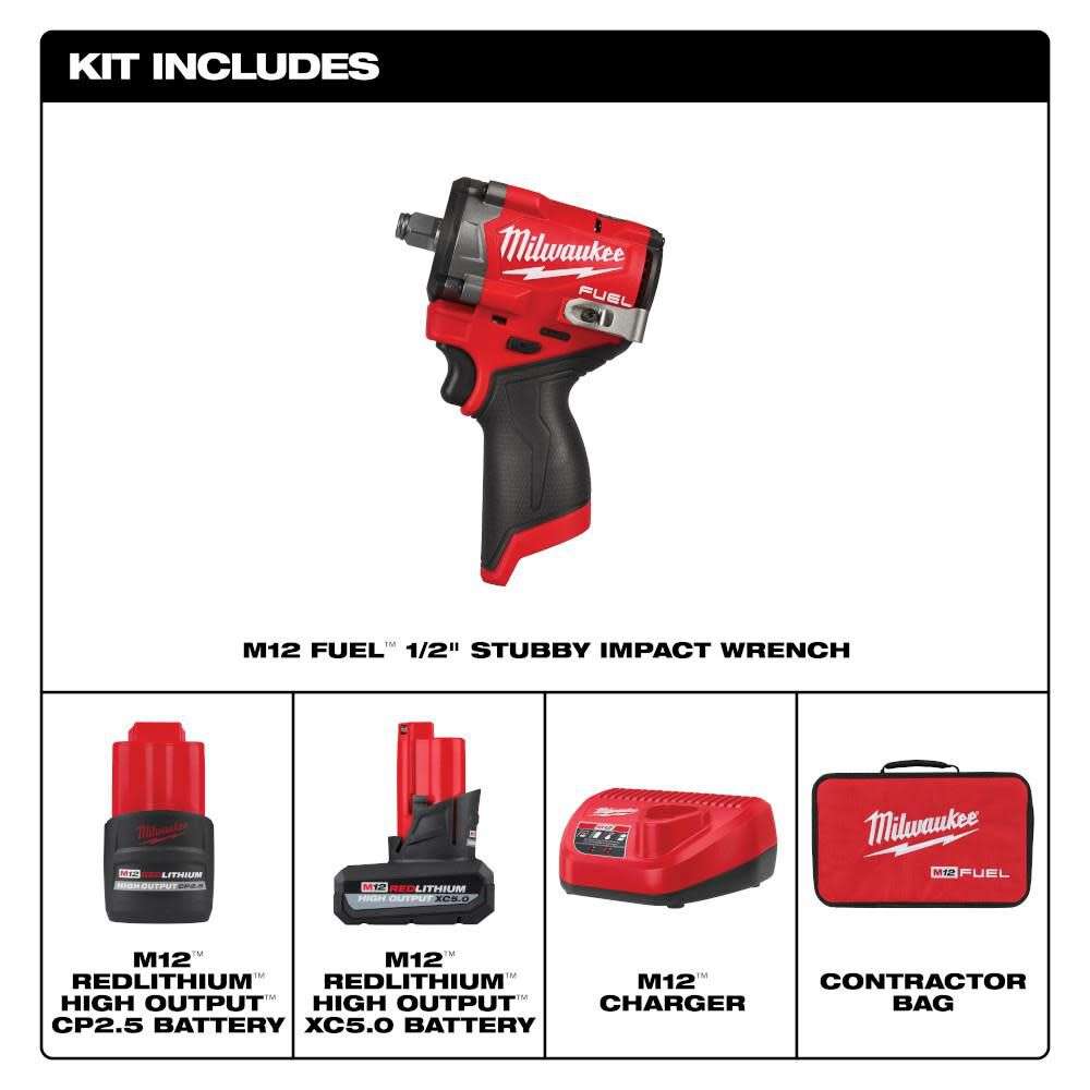 Milwaukee M12 FUEL Stubby 1/2 Inch Impact Wrench Kit