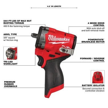Milwaukee M12 FUEL Stubby 3/8 Inch Impact Wrench Kit